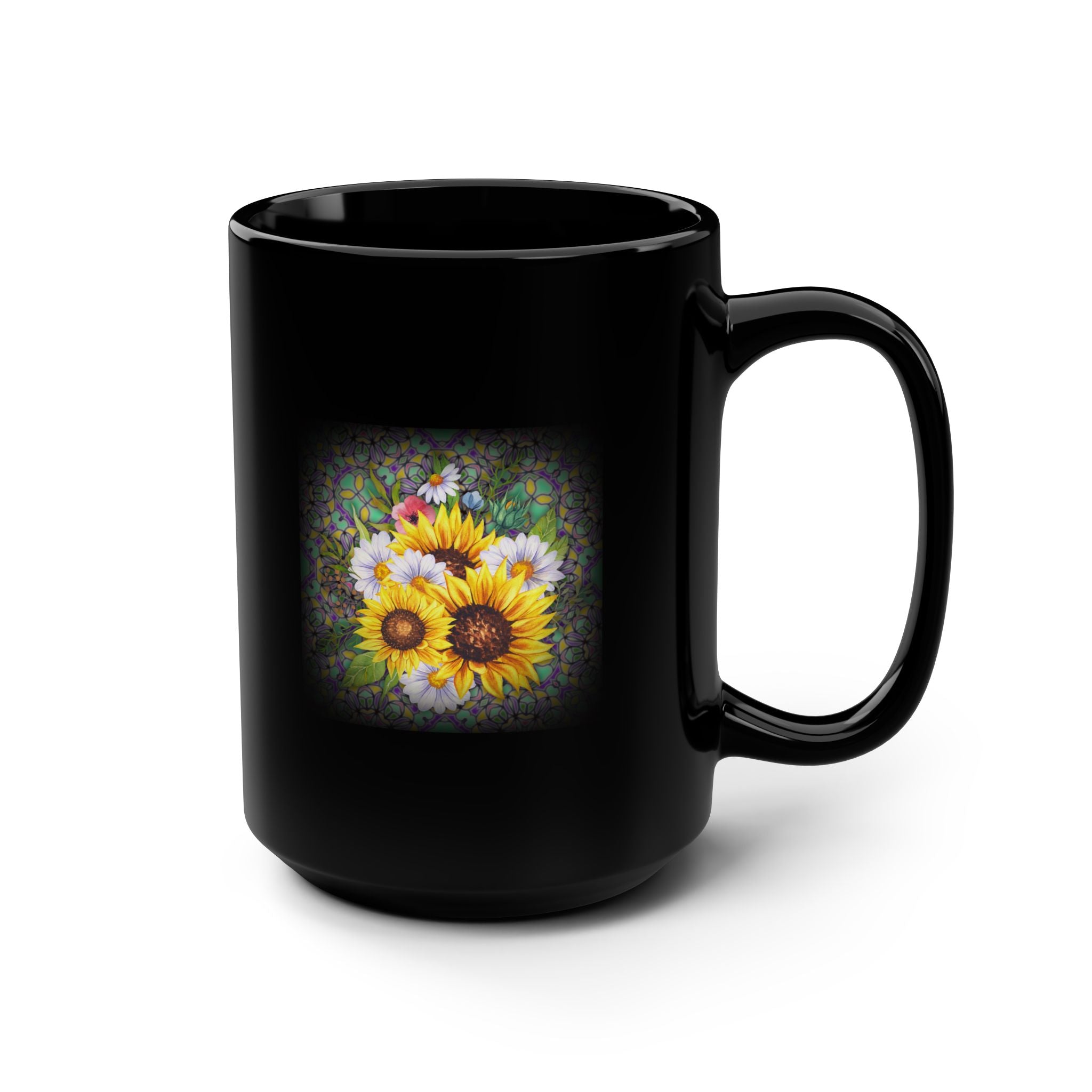 Sunflower Black Mug, 15oz - Floral Coffee Cup for Gardening Lovers, Teacher Gifts, Spring Decor, Perfect for Birthdays and Special Occasions