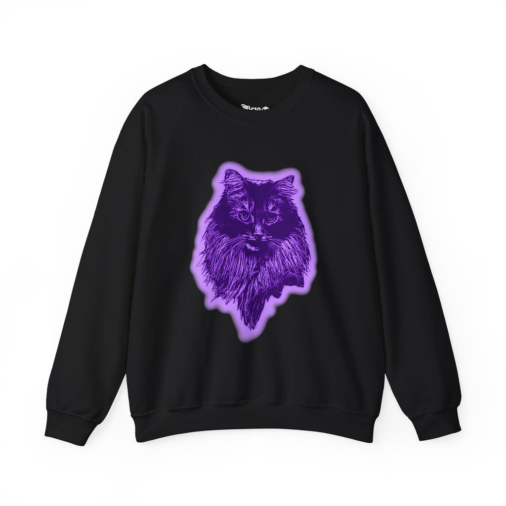 Purple Cat Graphic Crewneck Sweatshirt, Cozy Sweatshirt, Cat Lover Gift, Unisex Pullover, Trendy Cat Apparel, Halloween Clothing