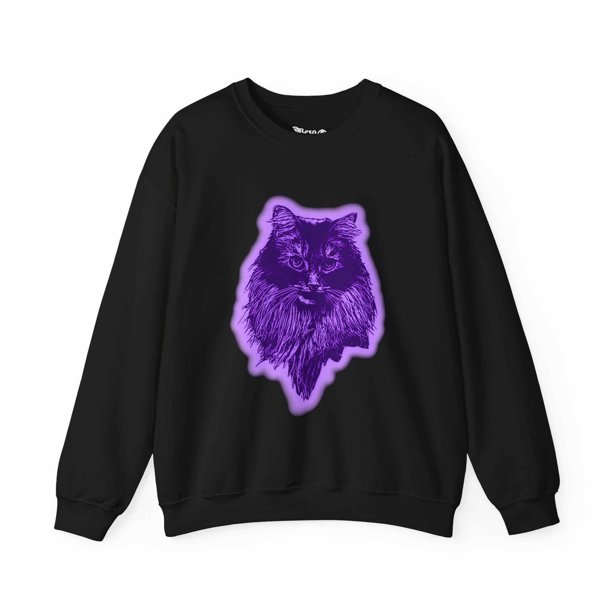 Purple Cat Graphic Crewneck Sweatshirt, Cozy Sweatshirt, Cat Lover Gift, Unisex Pullover, Trendy Cat Apparel, Halloween Clothing