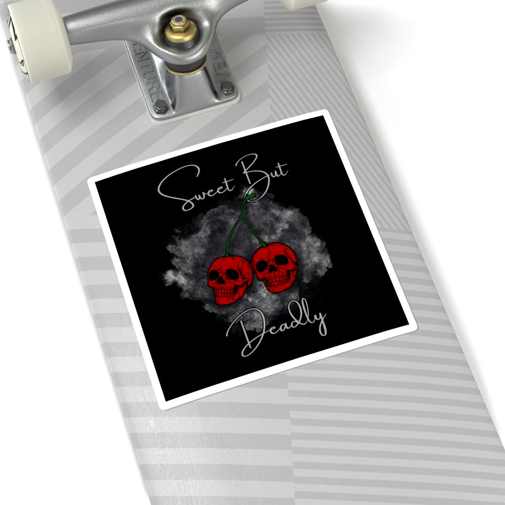 Sweet But Deadly Cherry Skull Square Sticker — Gothic Cute Laptop Decal