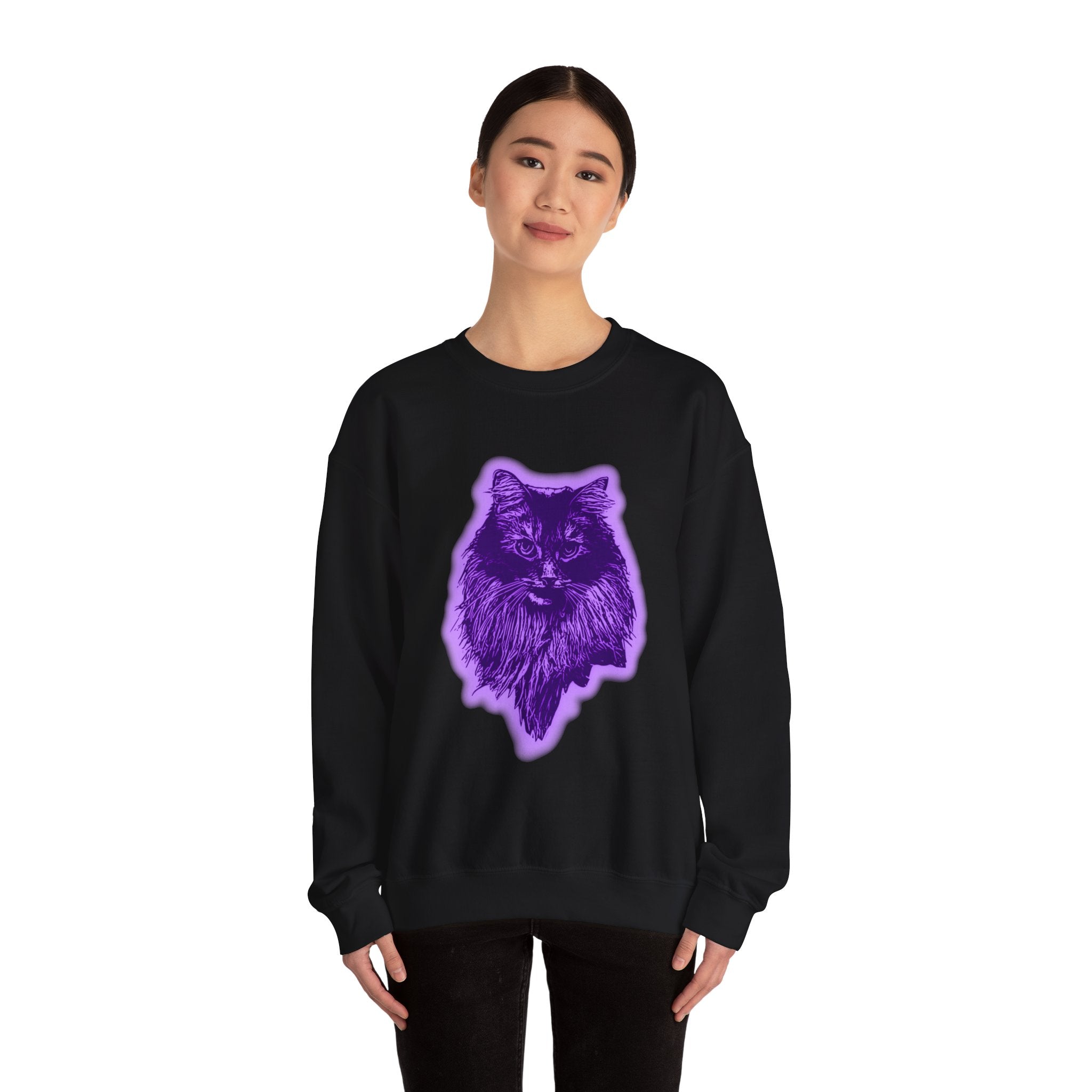 Purple Cat Graphic Crewneck Sweatshirt, Cozy Sweatshirt, Cat Lover Gift, Unisex Pullover, Trendy Cat Apparel, Halloween Clothing