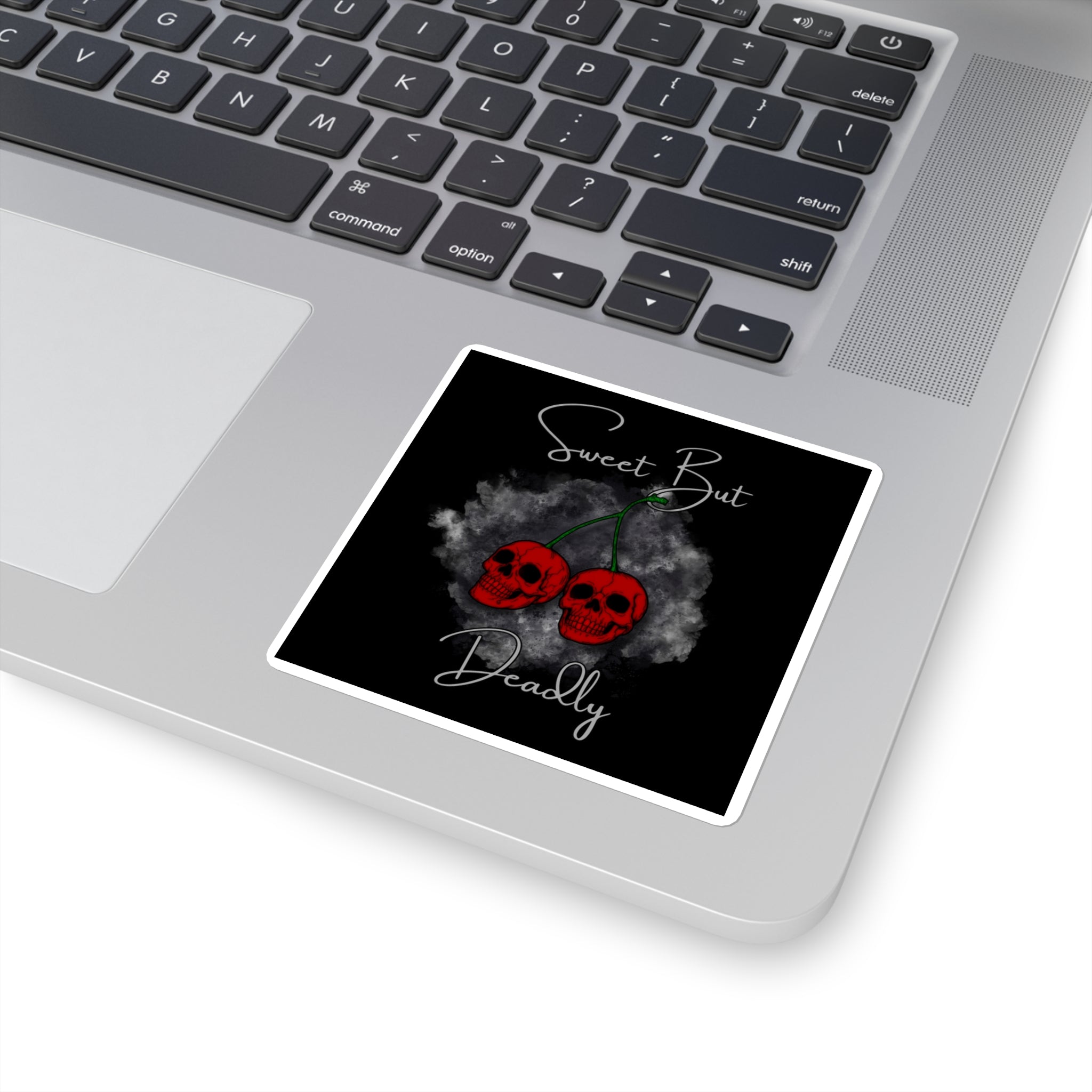 Sweet But Deadly Cherry Skull Square Sticker — Gothic Cute Laptop Decal