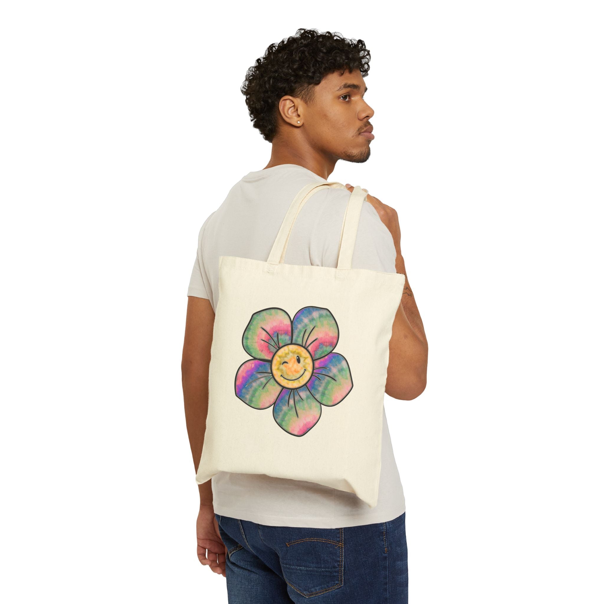 Colorful Flower Smile Tote Bag, Eco-Friendly Canvas Bag, Shopping Bag, Beach Bag, Gift for Her