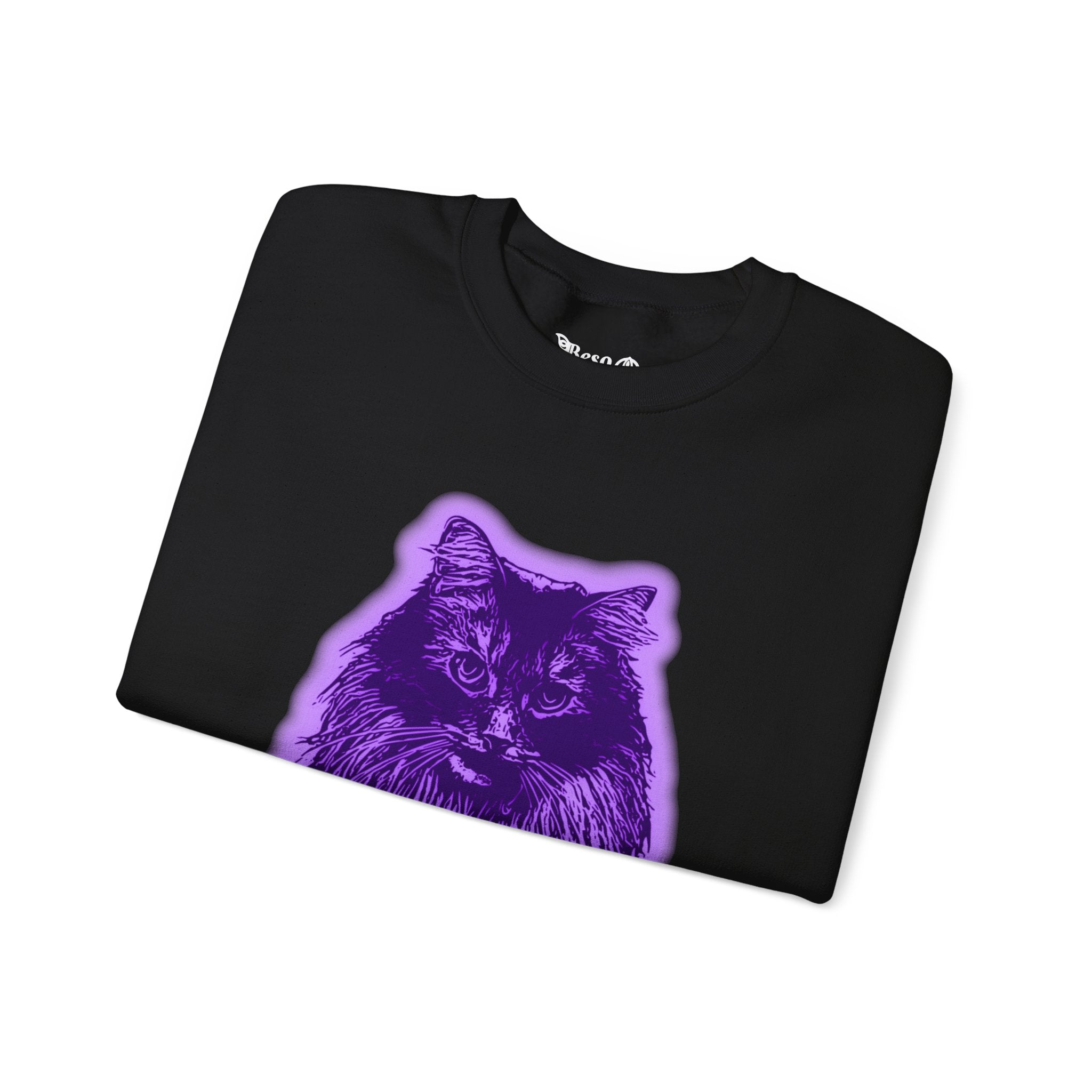 Purple Cat Graphic Crewneck Sweatshirt, Cozy Sweatshirt, Cat Lover Gift, Unisex Pullover, Trendy Cat Apparel, Halloween Clothing