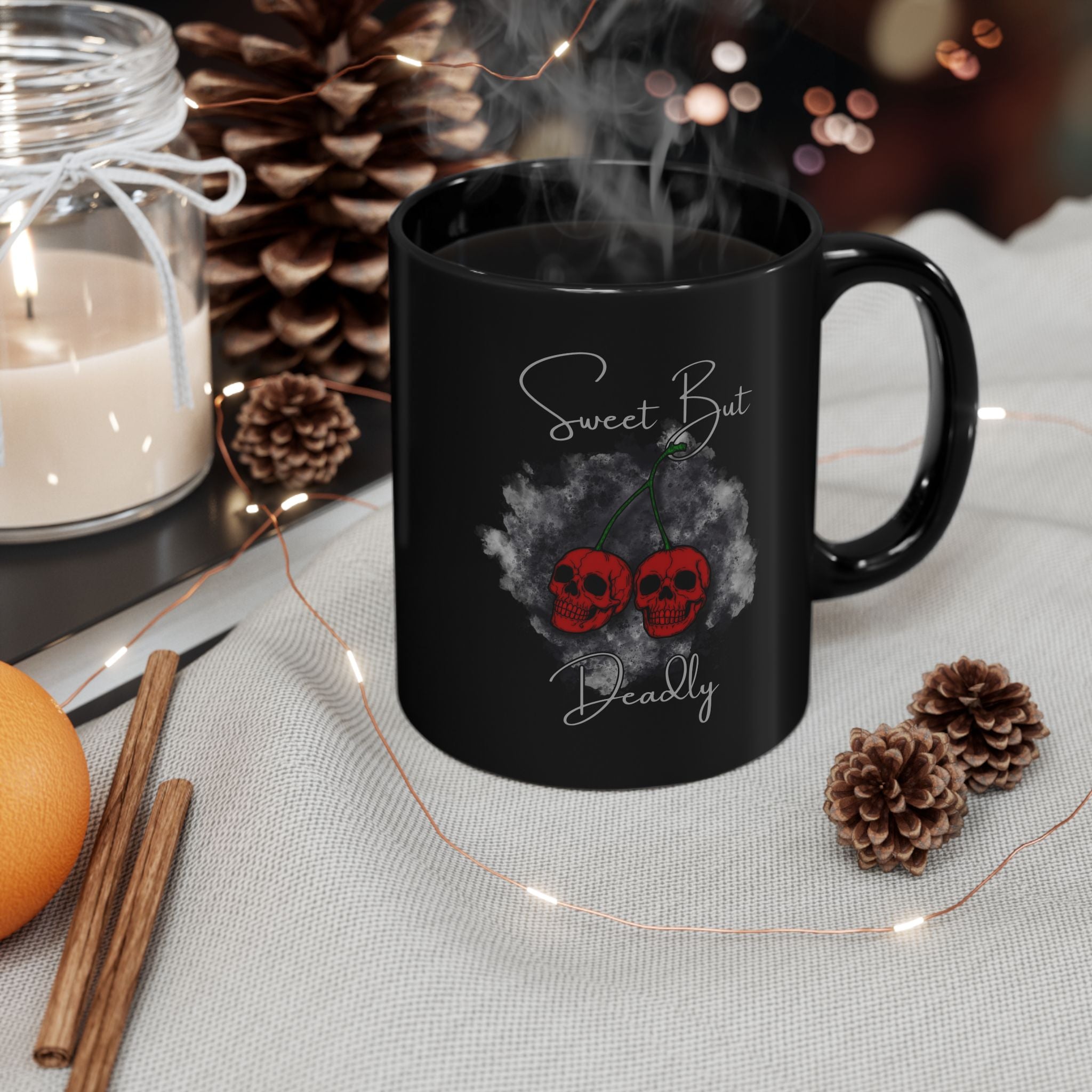 Sweet but Deadly Skull Cherries Mug — Black Ceramic Coffee Cup (11oz, 15oz)