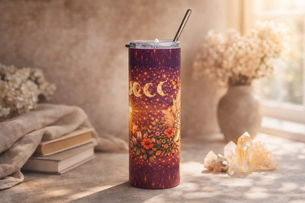 Mystical Christian Moon Phase Tumbler – 20oz Skinny Tumbler with Cross, Celestial Faith Cup, Boho Christian Gift, Spiritual Christian Drinkware