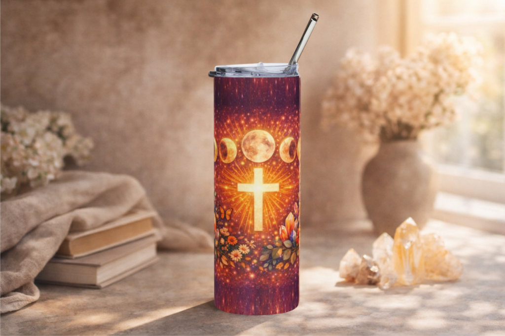 Mystical Christian Moon Phase Tumbler – 20oz Skinny Tumbler with Cross, Celestial Faith Cup, Boho Christian Gift, Spiritual Christian Drinkware