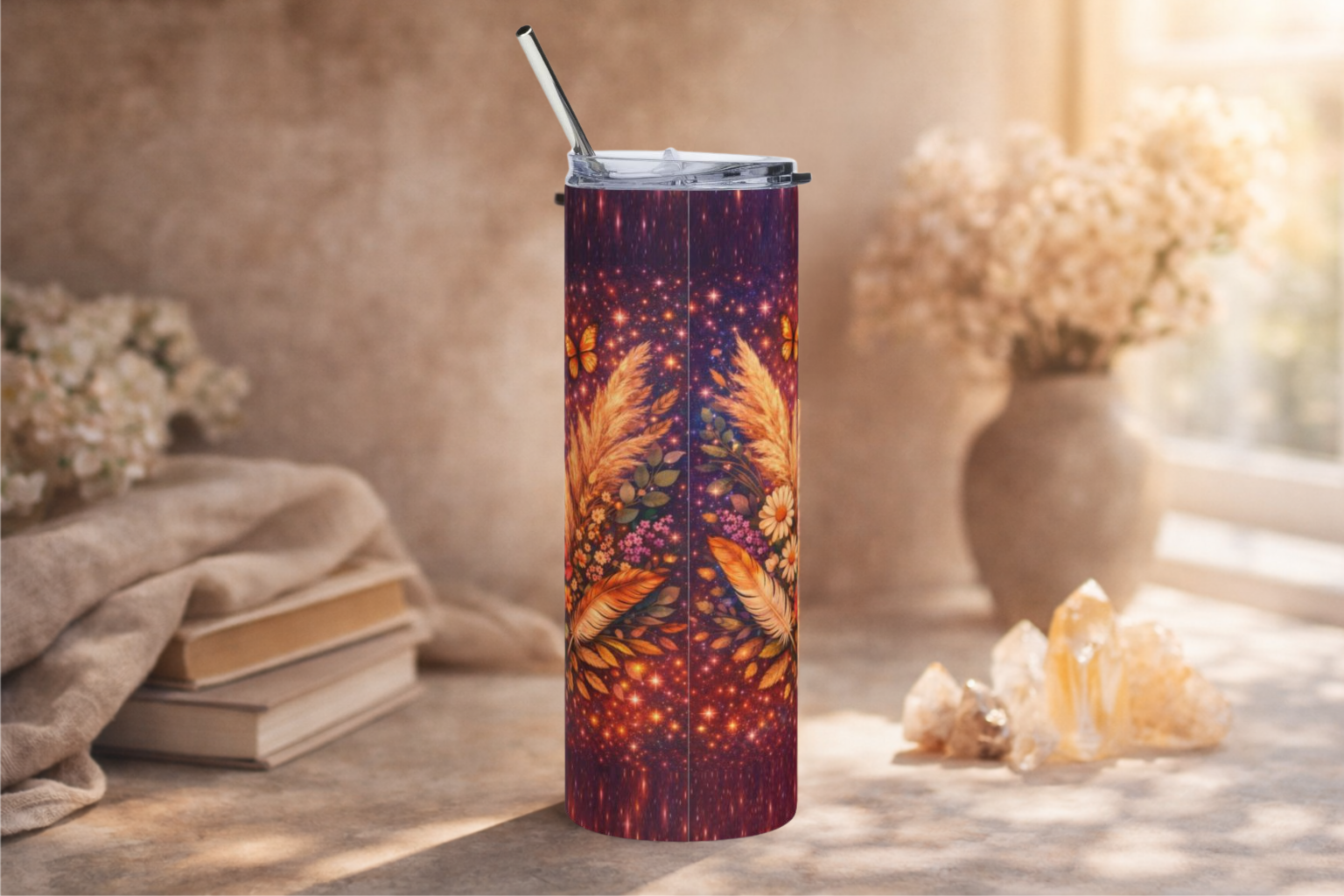 Mystical Christian Moon Phase Tumbler – 20oz Skinny Tumbler with Cross, Celestial Faith Cup, Boho Christian Gift, Spiritual Christian Drinkware