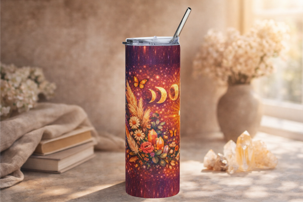 Mystical Christian Moon Phase Tumbler – 20oz Skinny Tumbler with Cross, Celestial Faith Cup, Boho Christian Gift, Spiritual Christian Drinkware