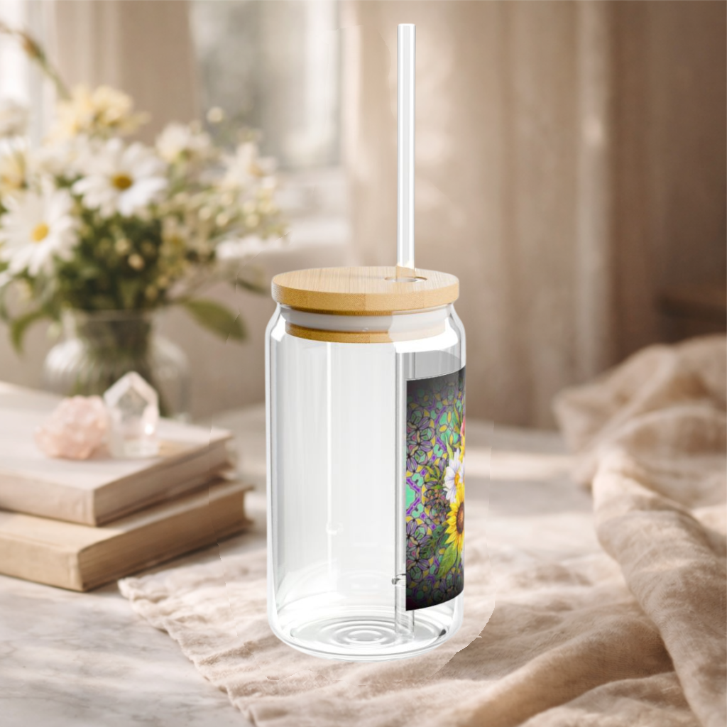 Sunflower and daisy floral 16oz Glass Sipper Cup with Straw | Cute Aesthetic Iced Coffee GlassSipper Cup with Straw – Aesthetic Reusable Glass Tumbler | Cute Eco-Friendly Drinkware for Iced Coffee,...