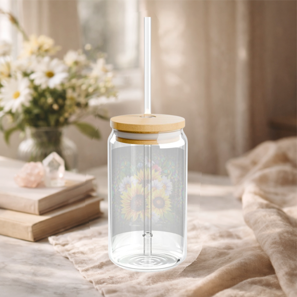 Sunflower and daisy floral 16oz Glass Sipper Cup with Straw | Cute Aesthetic Iced Coffee GlassSipper Cup with Straw – Aesthetic Reusable Glass Tumbler | Cute Eco-Friendly Drinkware for Iced Coffee,...