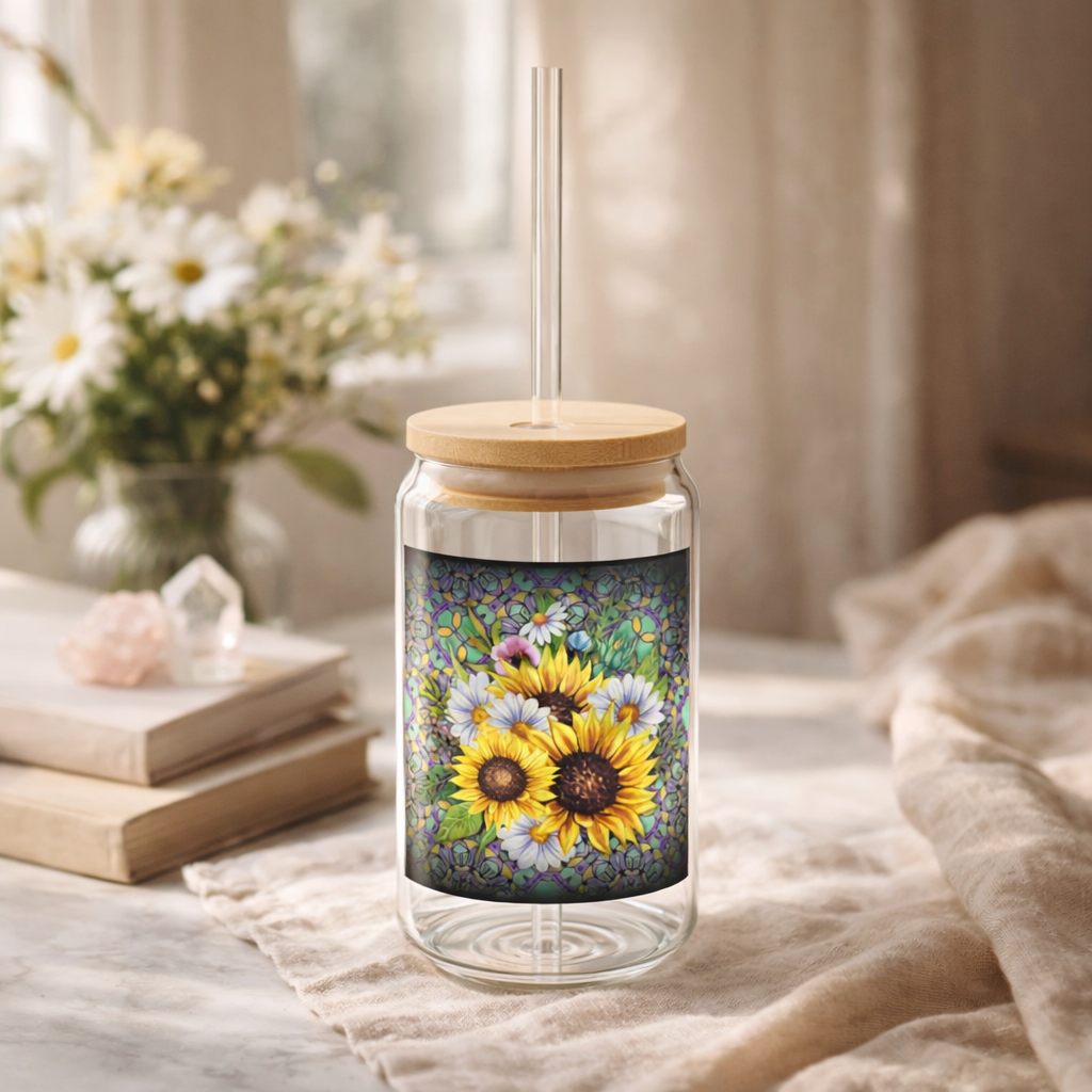 Sunflower and daisy floral 16oz Glass Sipper Cup with Straw | Cute Aesthetic Iced Coffee GlassSipper Cup with Straw – Aesthetic Reusable Glass Tumbler | Cute Eco-Friendly Drinkware for Iced Coffee,...
