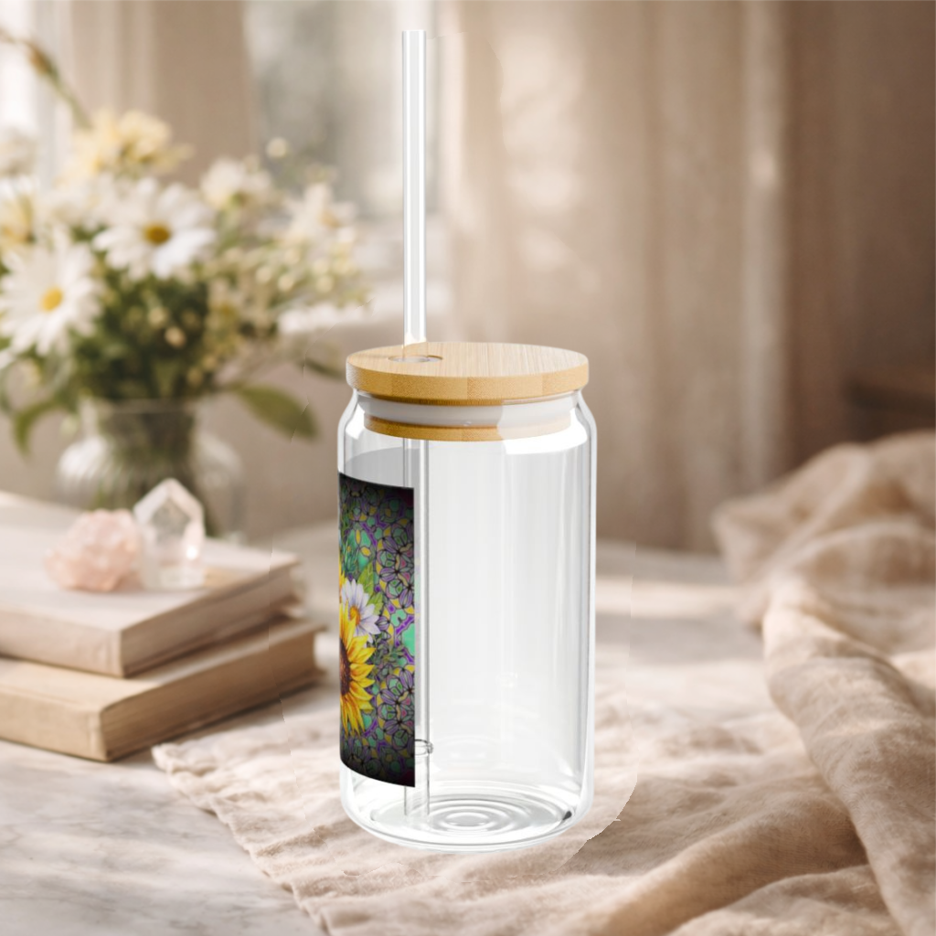 Sunflower and daisy floral 16oz Glass Sipper Cup with Straw | Cute Aesthetic Iced Coffee GlassSipper Cup with Straw – Aesthetic Reusable Glass Tumbler | Cute Eco-Friendly Drinkware for Iced Coffee,...