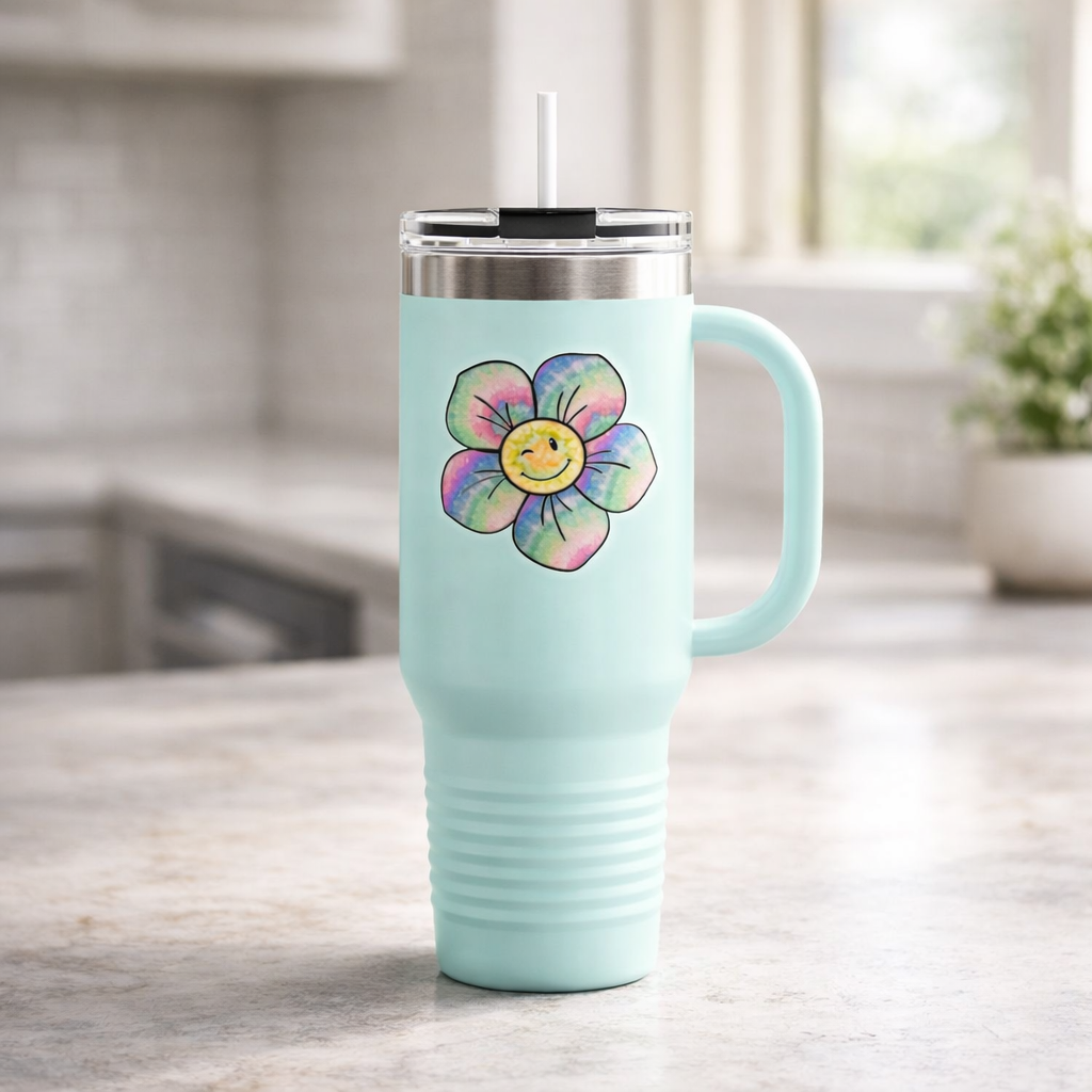 Vibrant Floral 40oz Insulated Travel Mug with Handle & Straw | Colorful Stainless Steel Tumbler | Large Coffee Cup for Travel, Work & Road Trips