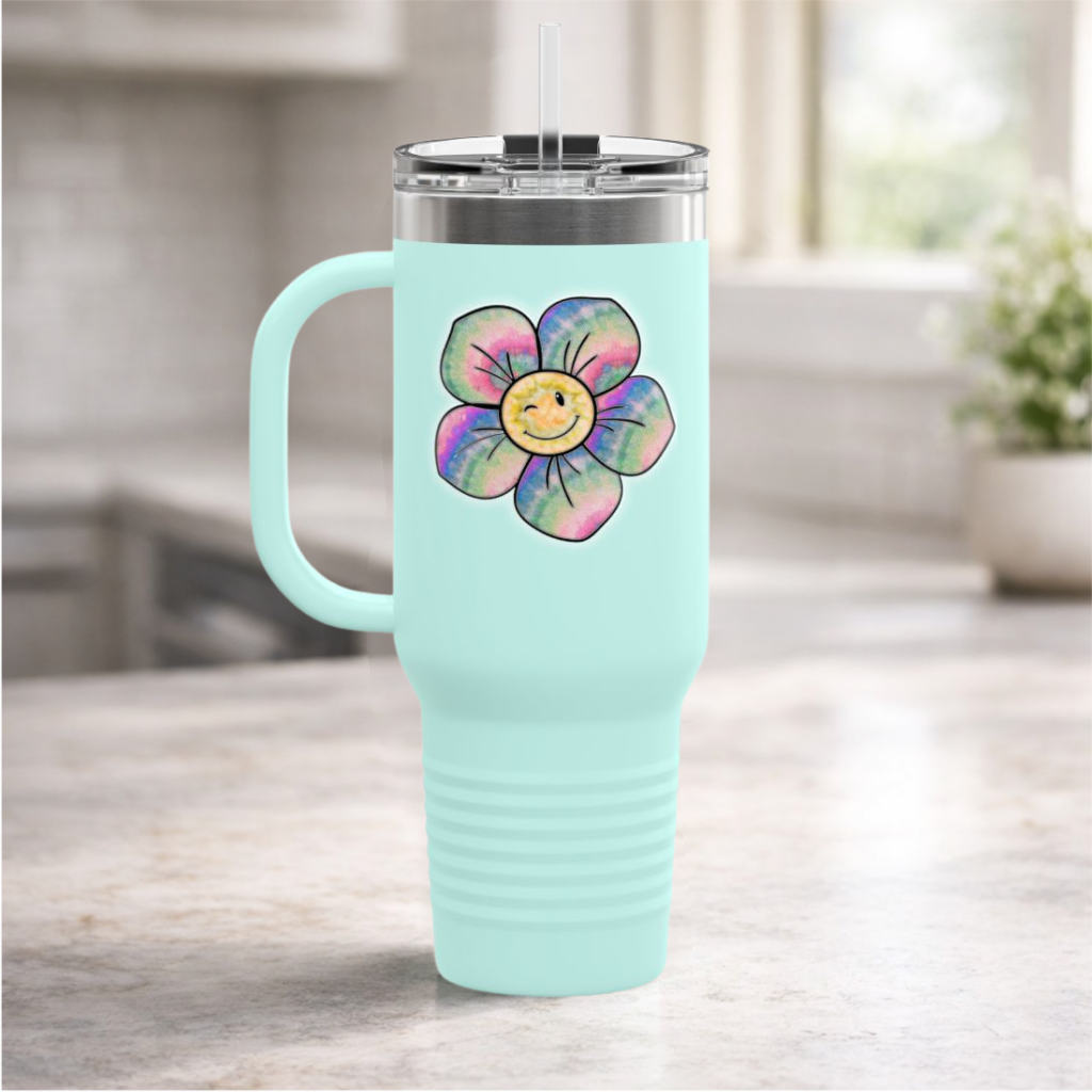 Vibrant Floral 40oz Insulated Travel Mug with Handle & Straw | Colorful Stainless Steel Tumbler | Large Coffee Cup for Travel, Work & Road Trips