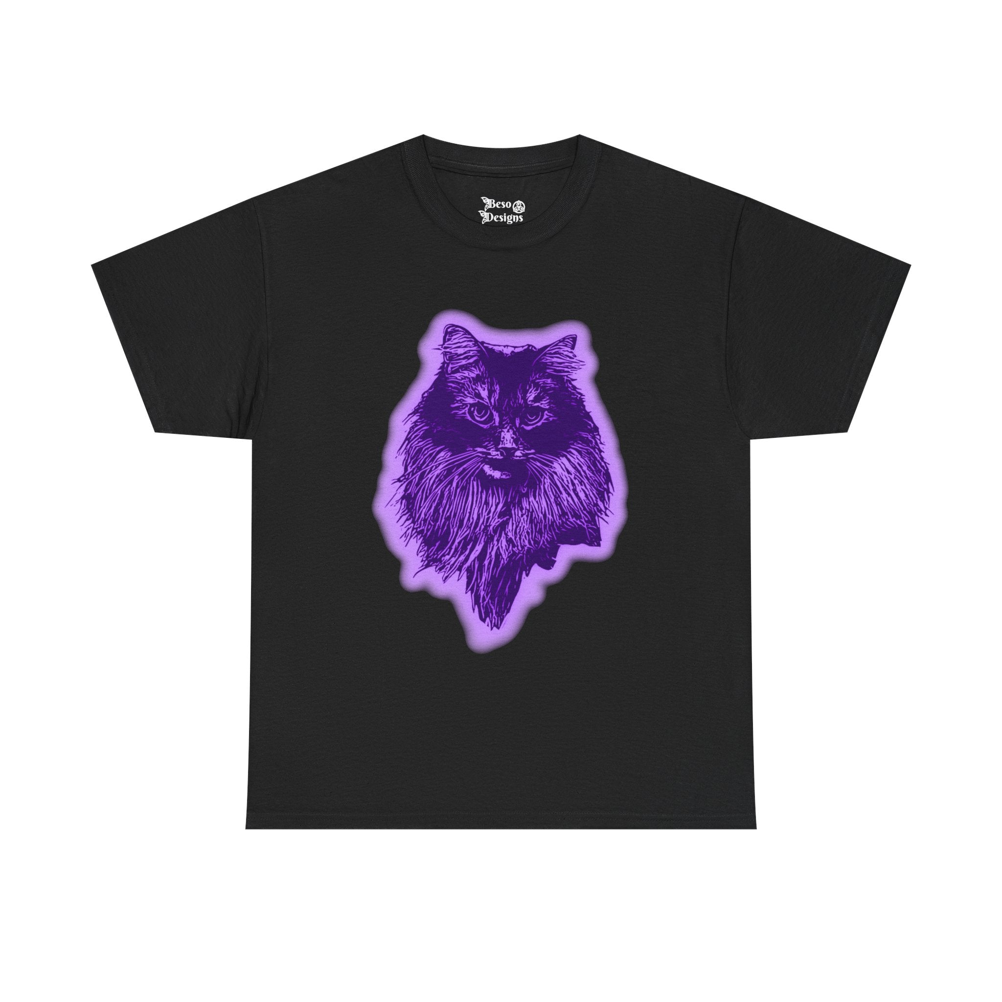 Purple Cat Graphic Tee, Unisex Heavy Cotton Shirt, Animal Lover Gift, Casual Wear, Unique Design, Halloween Apparel
