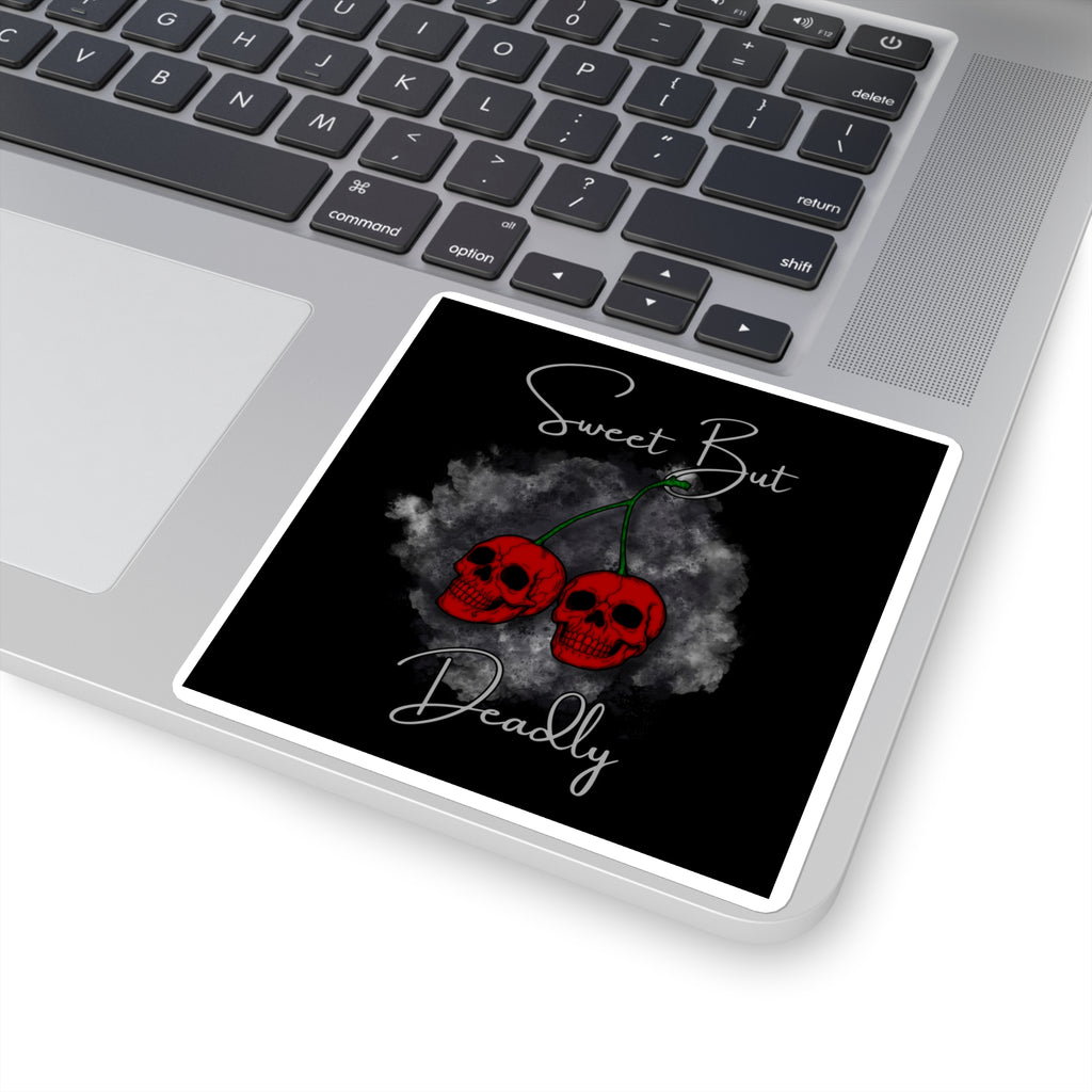 Sweet But Deadly Cherry Skull Square Sticker — Gothic Cute Laptop Decal