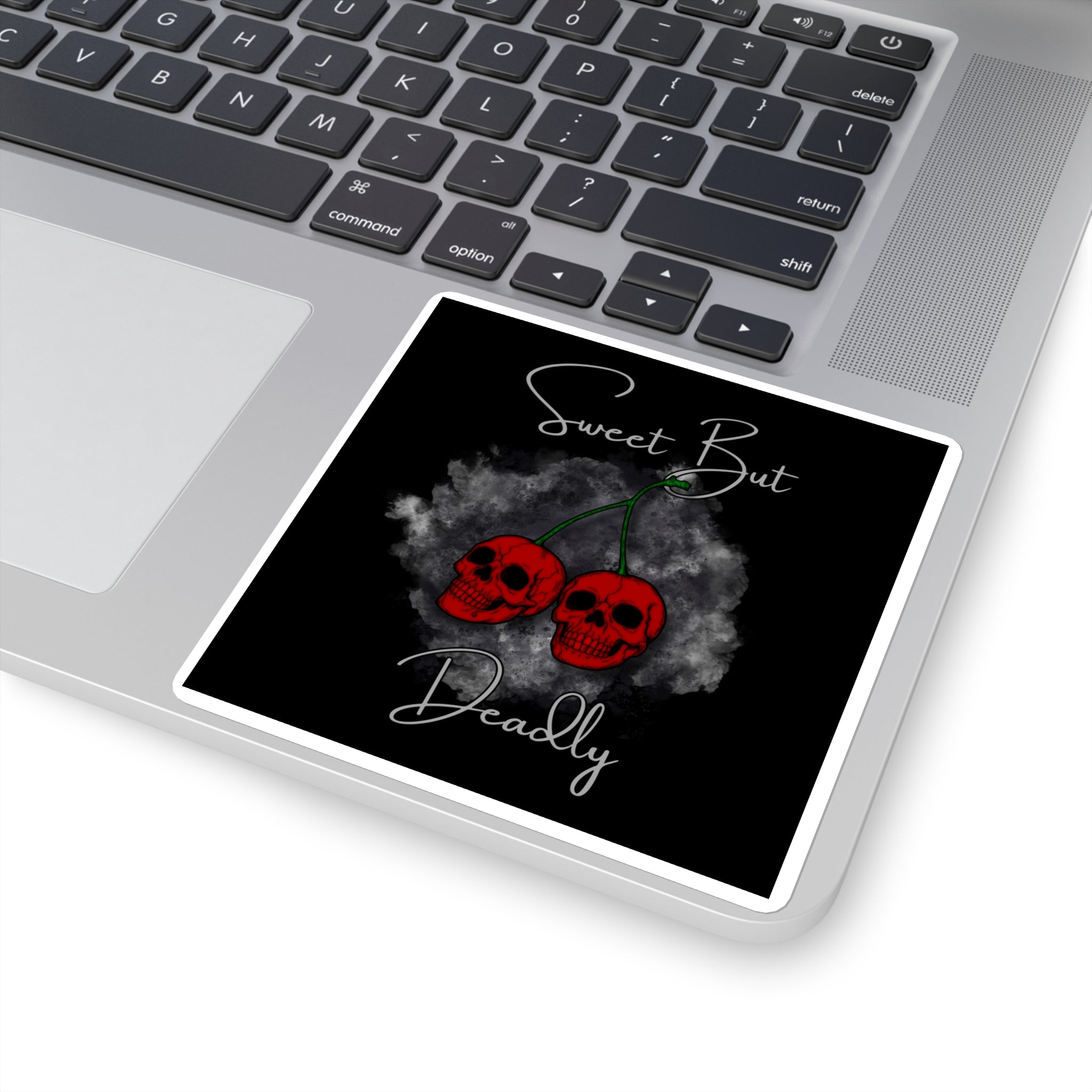 Sweet But Deadly Cherry Skull Square Sticker — Gothic Cute Laptop Decal