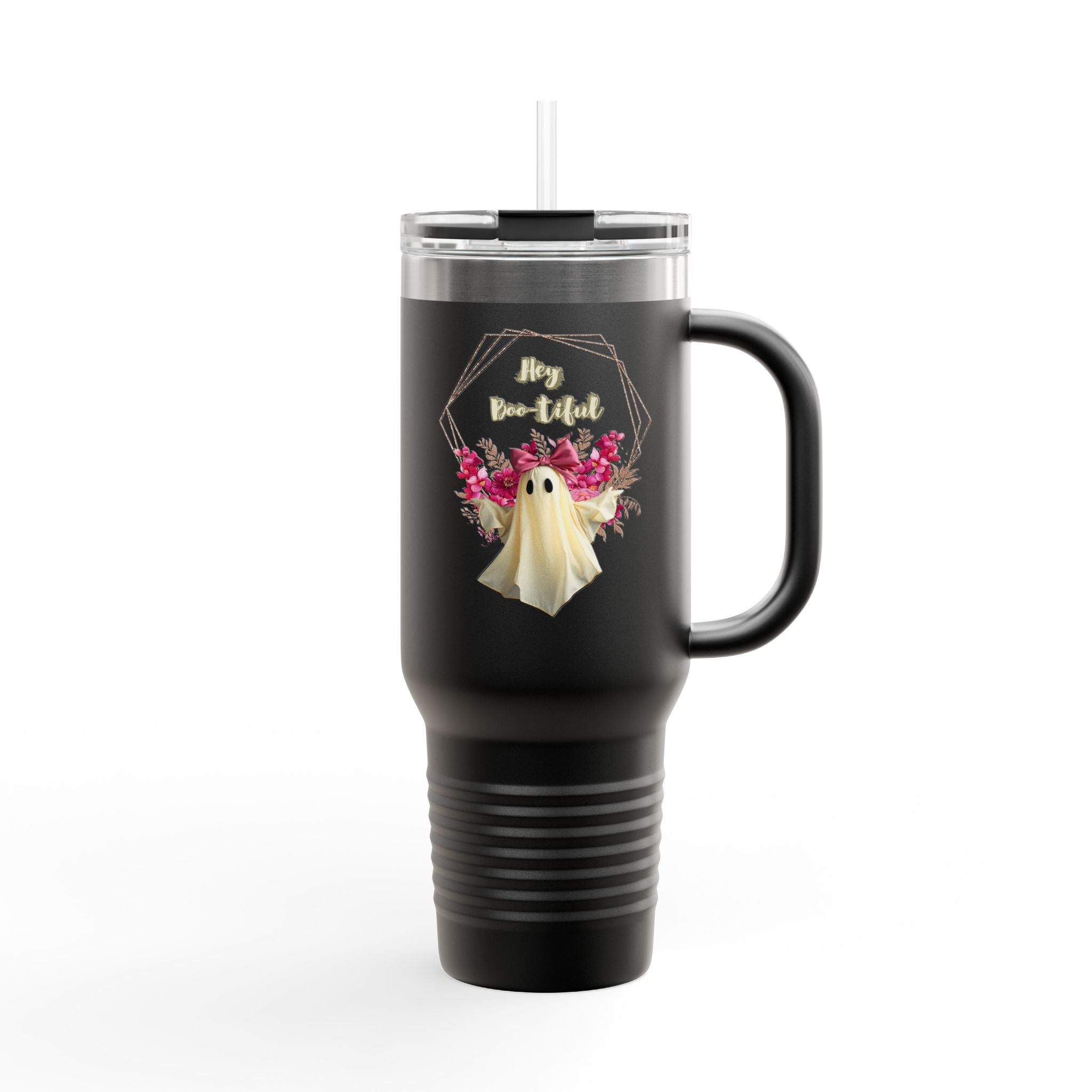 Spooky Floral Insulated Travel Mug, Perfect for Halloween, Ghost Lovers, Coffee Enthusiasts, Unique Gift Idea, 40oz Mug