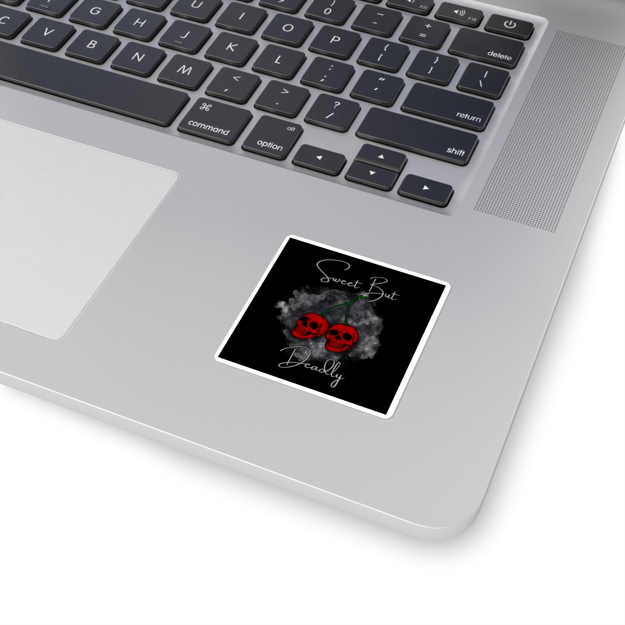 Sweet But Deadly Cherry Skull Square Sticker — Gothic Cute Laptop Decal