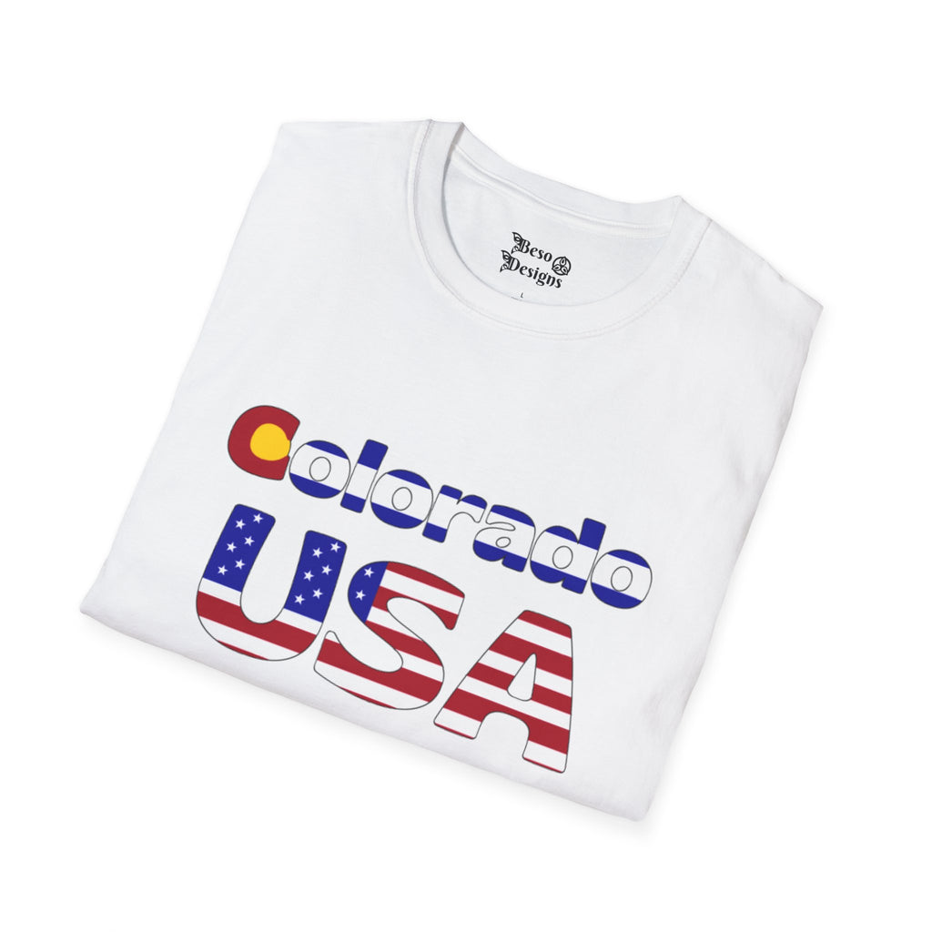 Colorado USA Patriotic T-Shirt | Unisex Softstyle Tee | Perfect for Independence Day, Travel, Gifts, & Casual Wear